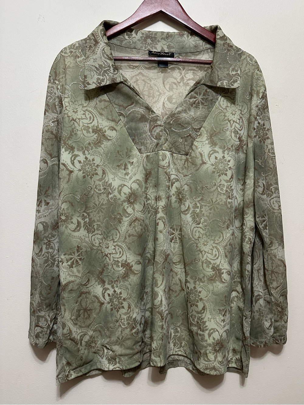 Ashley Stewart Olive Green Patterned V-Neck Blouse